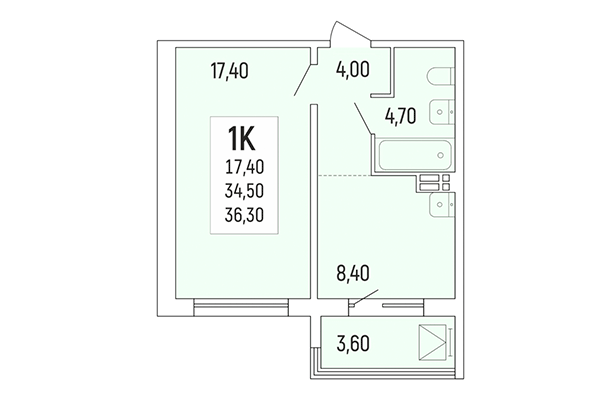 1-комнатная квартира 36,30 м² в Акация на Лежена. Планировка