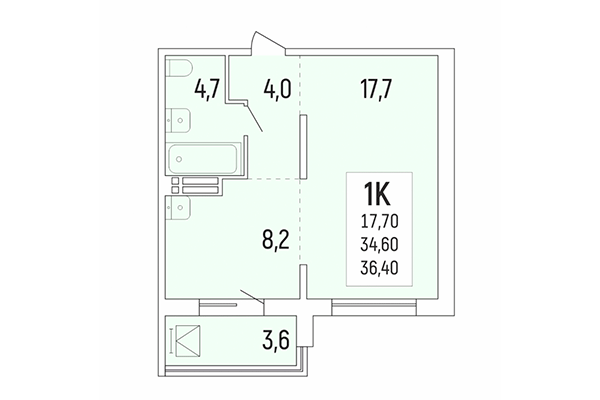 1-комнатная квартира 36,40 м² в Акация на Лежена. Планировка