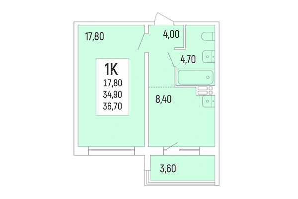 1-комнатная квартира 36,70 м² в Акация на Лежена. Планировка