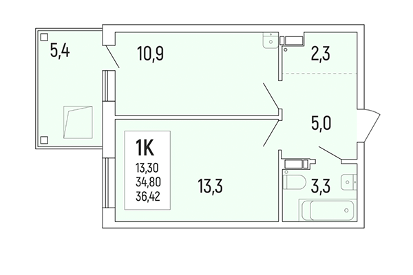 1-комнатная квартира 36,42 м² в Акация на Ватутина. Планировка