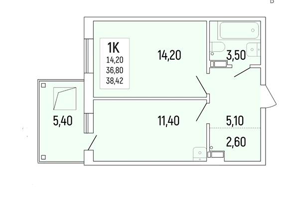 1-комнатная квартира 36,43 м² в Акация на Ватутина. Планировка