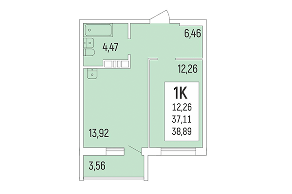 1-комнатная квартира 38,89 м² в Акация на Ватутина. Планировка