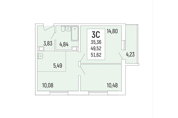 3-комнатная квартира 51,62 м² в Акация на Ватутина. Планировка