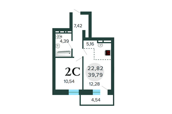 1-комнатная квартира 39,79 м² в ЖК Оазис. Планировка