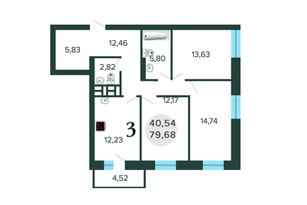 3-комнатная квартира 79,68 м² в ЖК Оазис. Планировка