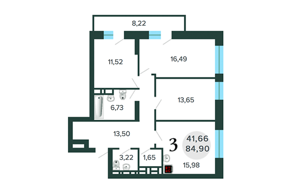 3-комнатная квартира 84,90 м² в ЖК Оазис. Планировка