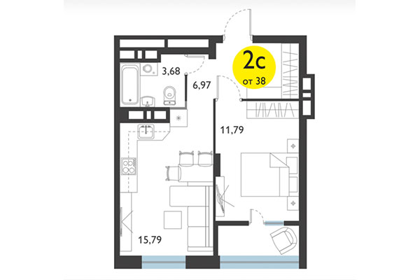 2-комнатная квартира 38,02 м² в ЖК Ясный берег. Планировка