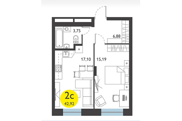 2-комнатная квартира 42,92 м² в ЖК Ясный берег. Планировка