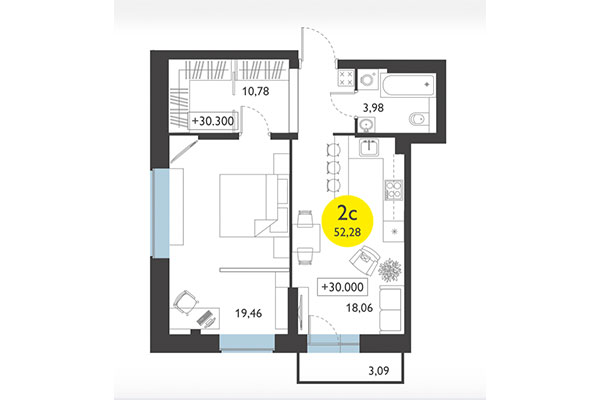 2-комнатная квартира 52,28 м² в ЖК Ясный берег. Планировка