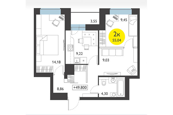 2-комнатная квартира 55,04 м² в ЖК Ясный берег. Планировка