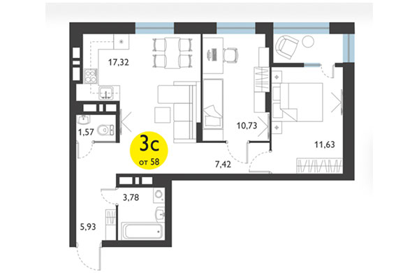 3-комнатная квартира 58,00 м² в ЖК Ясный берег. Планировка