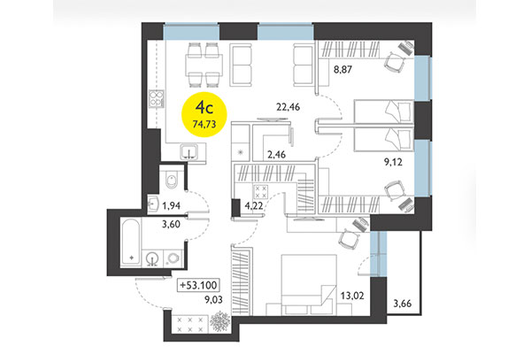4-комнатная квартира 74,73 м² в ЖК Ясный берег. Планировка