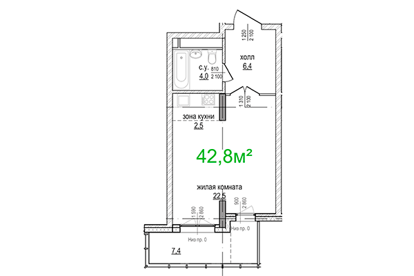 1-комнатная квартира 42,80 м² в ЖК Берлин. Планировка