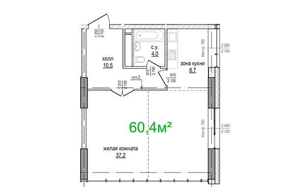 2-комнатная квартира 60,40 м² в ЖК Берлин. Планировка