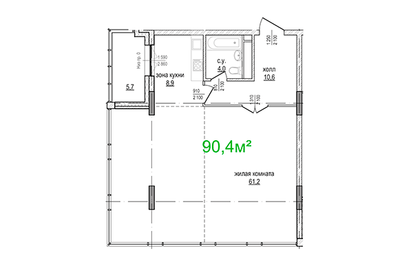 3-комнатная квартира 90,40 м² в ЖК Берлин. Планировка