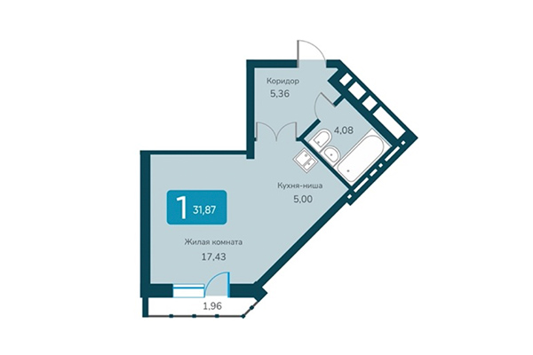 1-комнатная квартира 31,87 м² в ЖК Марсель 2. Планировка