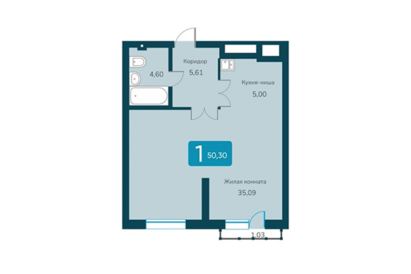 1-комнатная квартира 50,30 м² в ЖК Марсель 2. Планировка