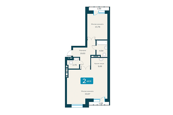 2-комнатная квартира 69,19 м² в ЖК Марсель 2. Планировка