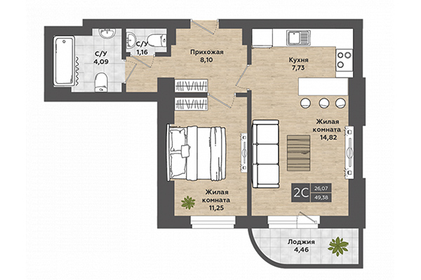 2-комнатная квартира 49,38 м² в ЖК Сосны. Планировка