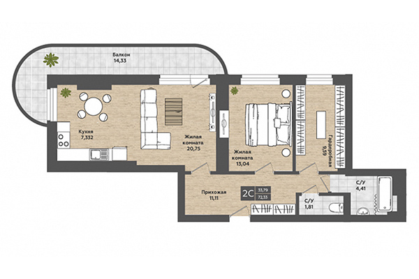 2-комнатная квартира 72,33 м² в ЖК Сосны. Планировка