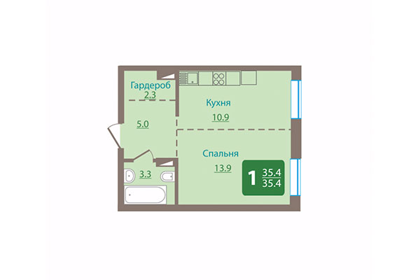 1-комнатная квартира 35,40 м² в ЖК Ельцовский парк. Планировка