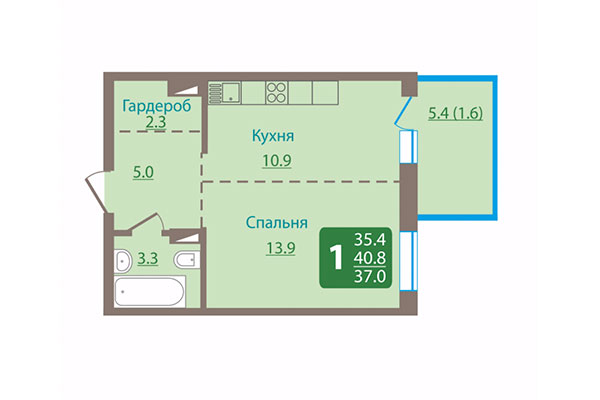 2-комнатная квартира 40,80 м² в ЖК Ельцовский парк. Планировка