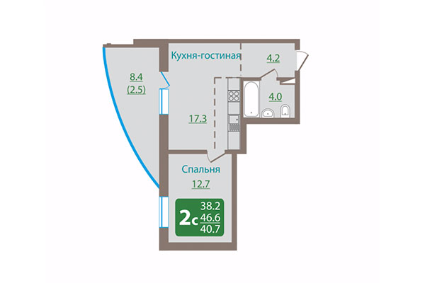 2-комнатная квартира 46,62 м² в ЖК Ельцовский парк. Планировка