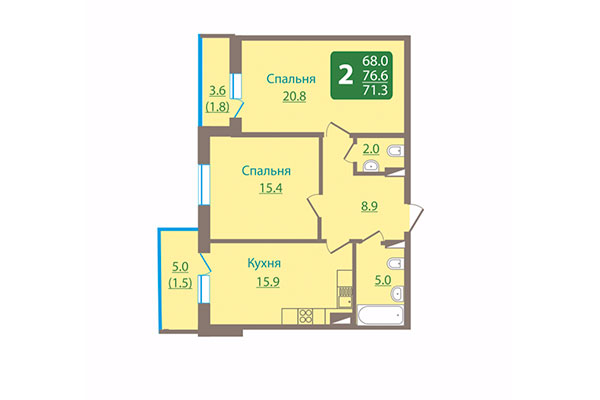 2-комнатная квартира 71,30 м² в ЖК Ельцовский парк. Планировка