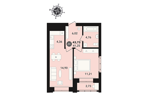 2-комнатная квартира 43,73 м² в ЖК Державина 50. Планировка