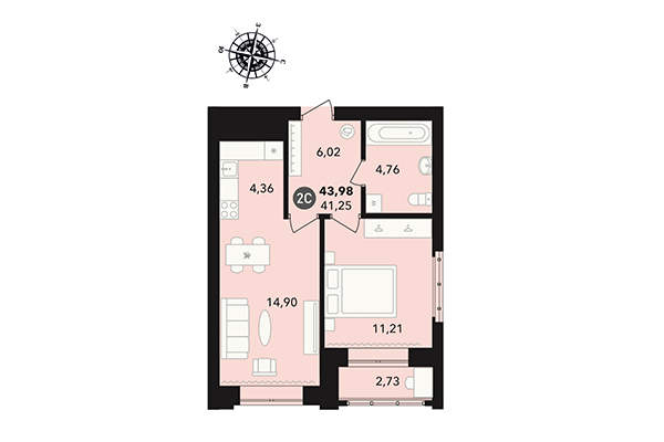 2-комнатная квартира 43,98 м² в ЖК Державина 50. Планировка
