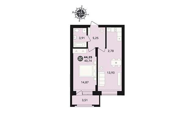 2-комнатная квартира 44,25 м² в ЖК Державина 50. Планировка