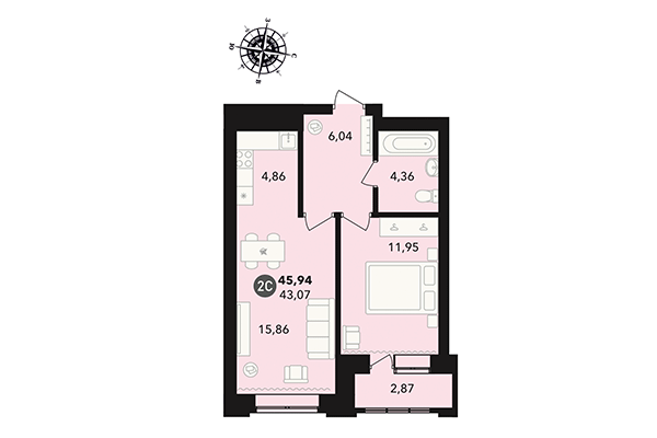 2-комнатная квартира 45,94 м² в ЖК Державина 50. Планировка