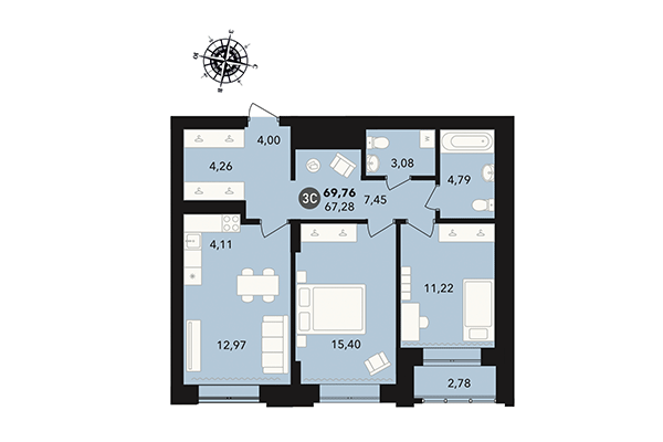 3-комнатная квартира 69,76 м² в ЖК Державина 50. Планировка