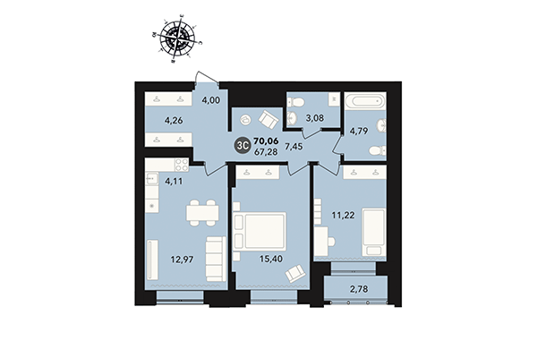 3-комнатная квартира 70,06 м² в ЖК Державина 50. Планировка