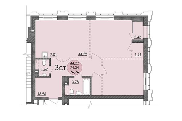 3-комнатная квартира 76,76 м² в ЖК Ричмонд. Планировка