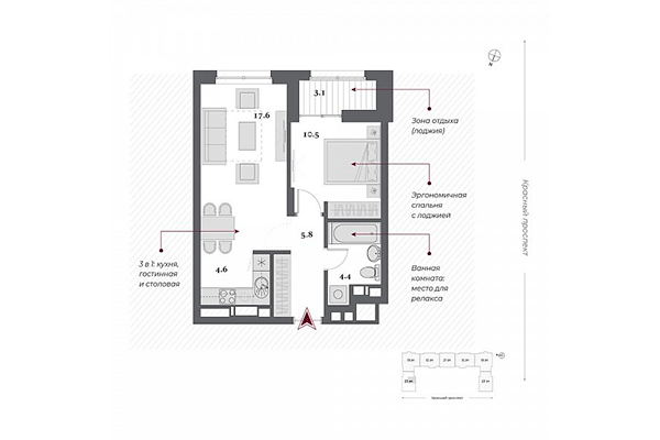 2-комнатная квартира 42,90 м² в ЖК Нобель. Планировка