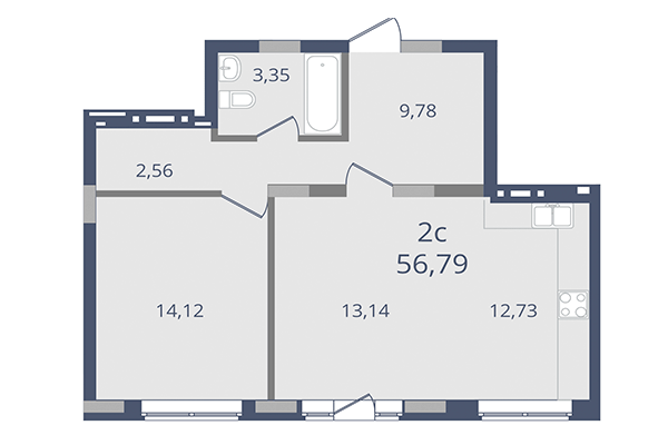 2-комнатная квартира 56,79 м² в ЖК Лев Толстой. Планировка