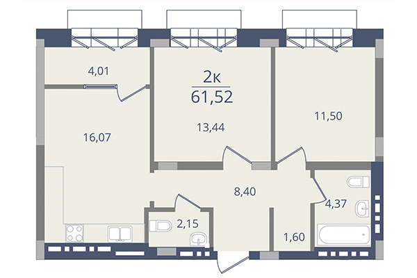 2-комнатная квартира 61,52 м² в ЖК Лев Толстой. Планировка