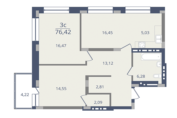 3-комнатная квартира 76,42 м² в ЖК Лев Толстой. Планировка