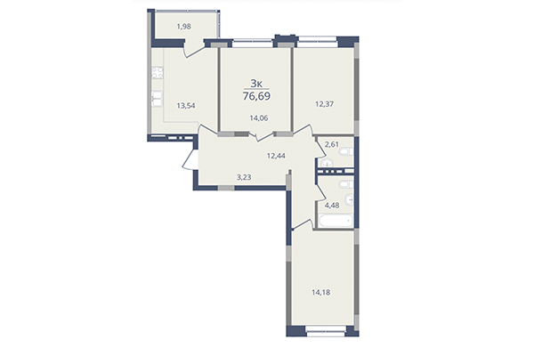 3-комнатная квартира 76,69 м² в ЖК Лев Толстой. Планировка