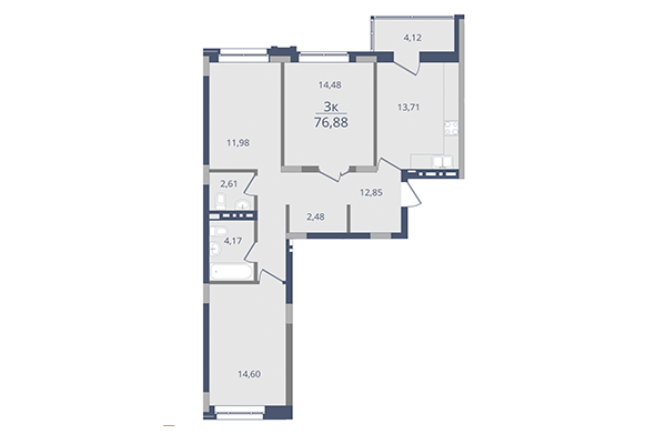 3-комнатная квартира 76,88 м² в ЖК Лев Толстой. Планировка