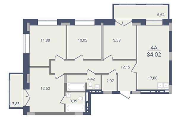 4-комнатная квартира 84,02 м² в ЖК Лев Толстой. Планировка