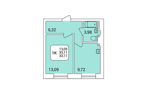 1-комнатная квартира 33,11 м² в Дом на Федосеева. Планировка