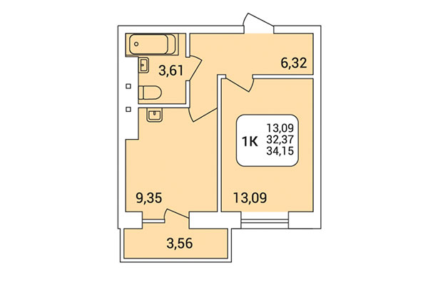1-комнатная квартира 34,15 м² в Дом на Федосеева. Планировка