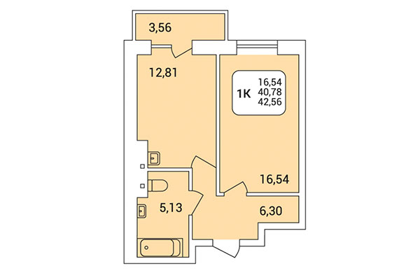 1-комнатная квартира 42,56 м² в Дом на Федосеева. Планировка