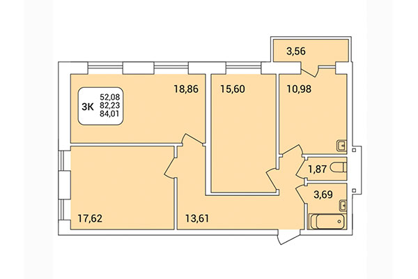 3-комнатная квартира 84,01 м² в Дом на Федосеева. Планировка