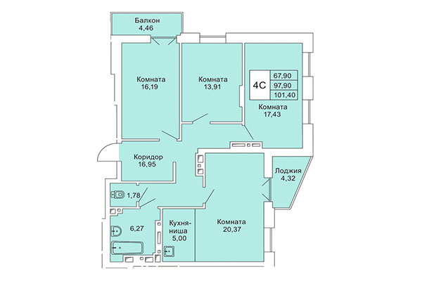 4-комнатная квартира 101,40 м² в Расцветай на Гоголя. Планировка