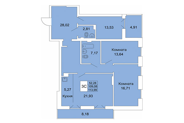 3-комнатная квартира 113,99 м² в Расцветай на Гоголя. Планировка