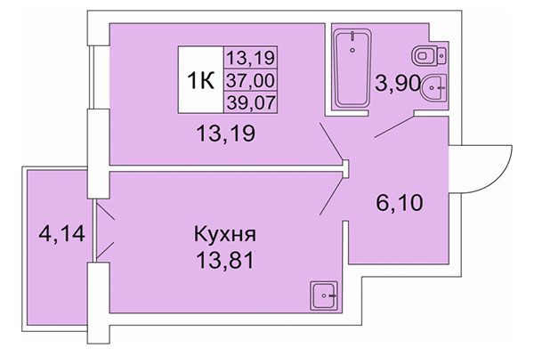 1-комнатная квартира 39,07 м² в Расцветай на Гоголя. Планировка