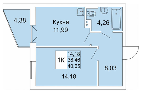 1-комнатная квартира 40,65 м² в Расцветай на Гоголя. Планировка